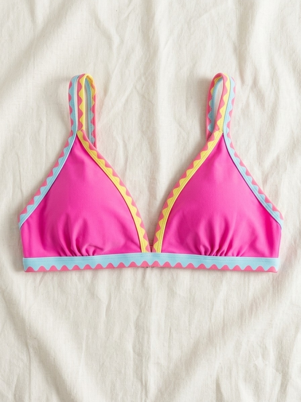 Pink Triangle Swim Top with Yellow & Light Blue Trim
